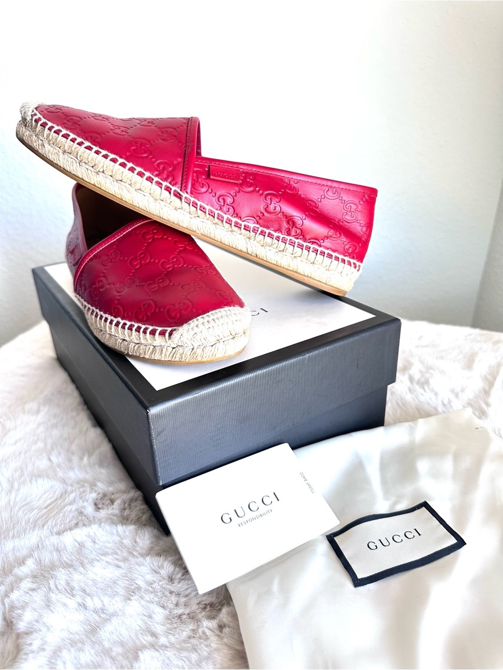 Gucci Guccissima GG Leather Espadrilles Hibiscus red 40 US 10 like NIB